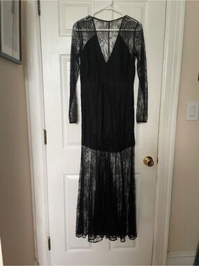 MICHELLE MASON Black Lace Illusion Long Maxi Dress Silk underlay sz 2